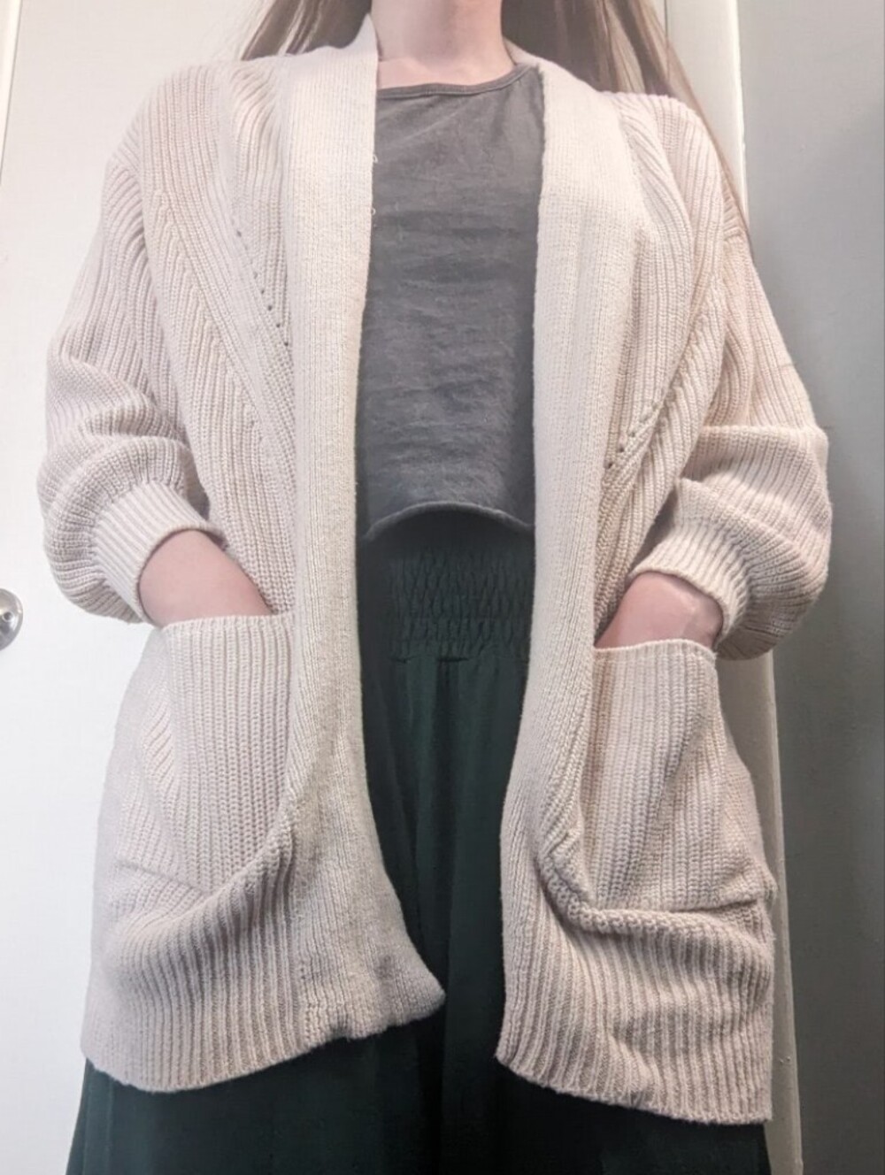 Beige Ribbed Open-Front Women's Sweater Cardigan